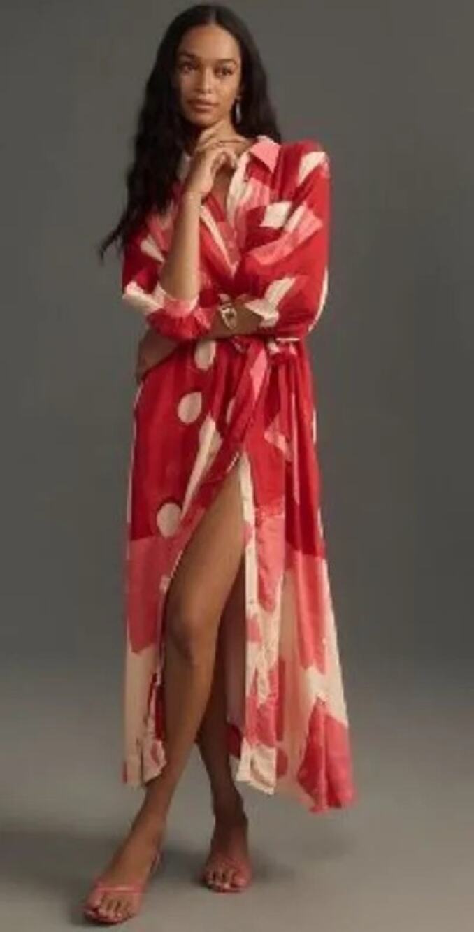 ANTHROPOLOGIE MAEVE sz XL The Mona linen maxi dress in red geo motif EUC